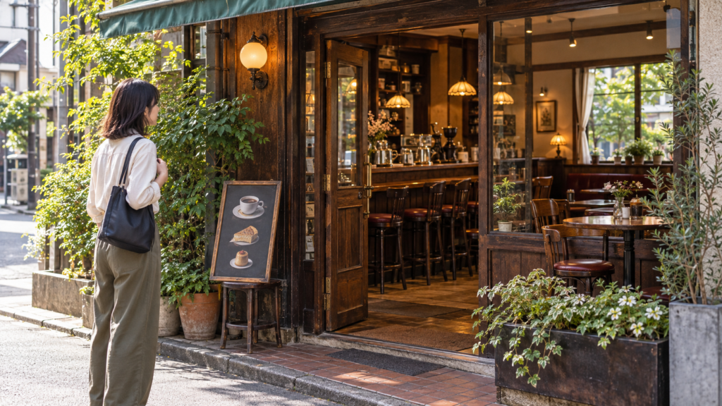 喫茶店の入口と店内の様子を外から確認する一人客