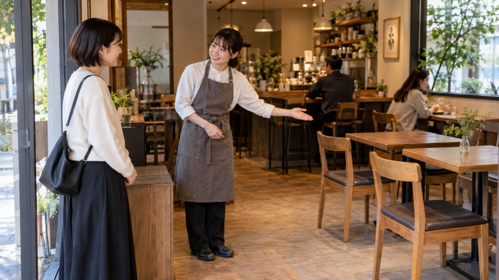喫茶店の入口で店員から席の案内を受ける一人客