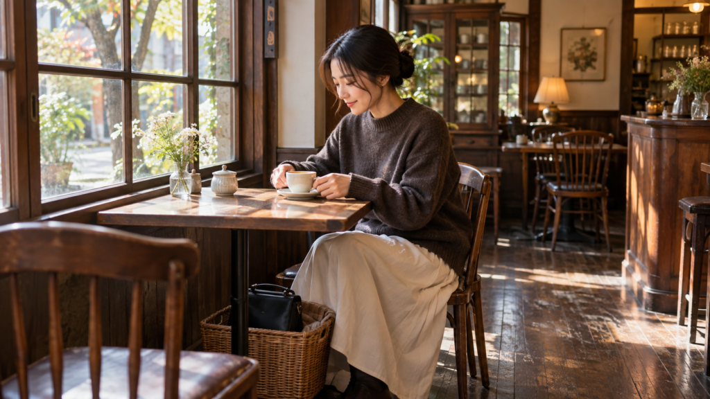 喫茶店の一人席でコーヒーを楽しみ荷物をかごに収めた女性