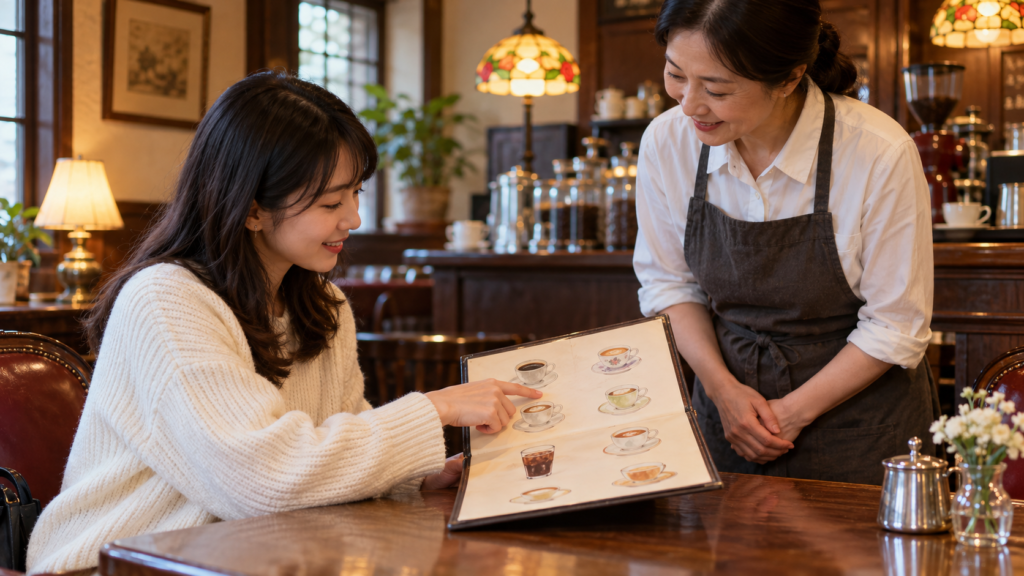 喫茶店の席でメニューを見ながら飲み物を注文する客