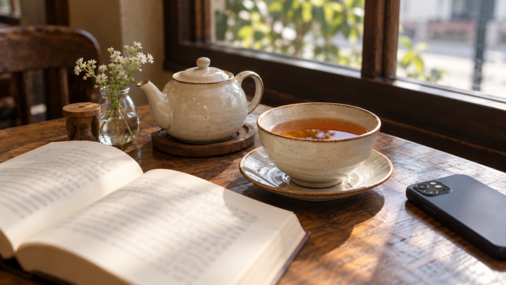 紅茶と文庫本を置いた静かな喫茶店のテーブル