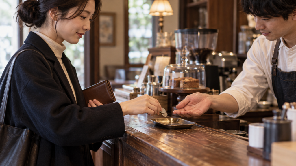喫茶店の会計カウンターで財布を持ち支払いをする客
