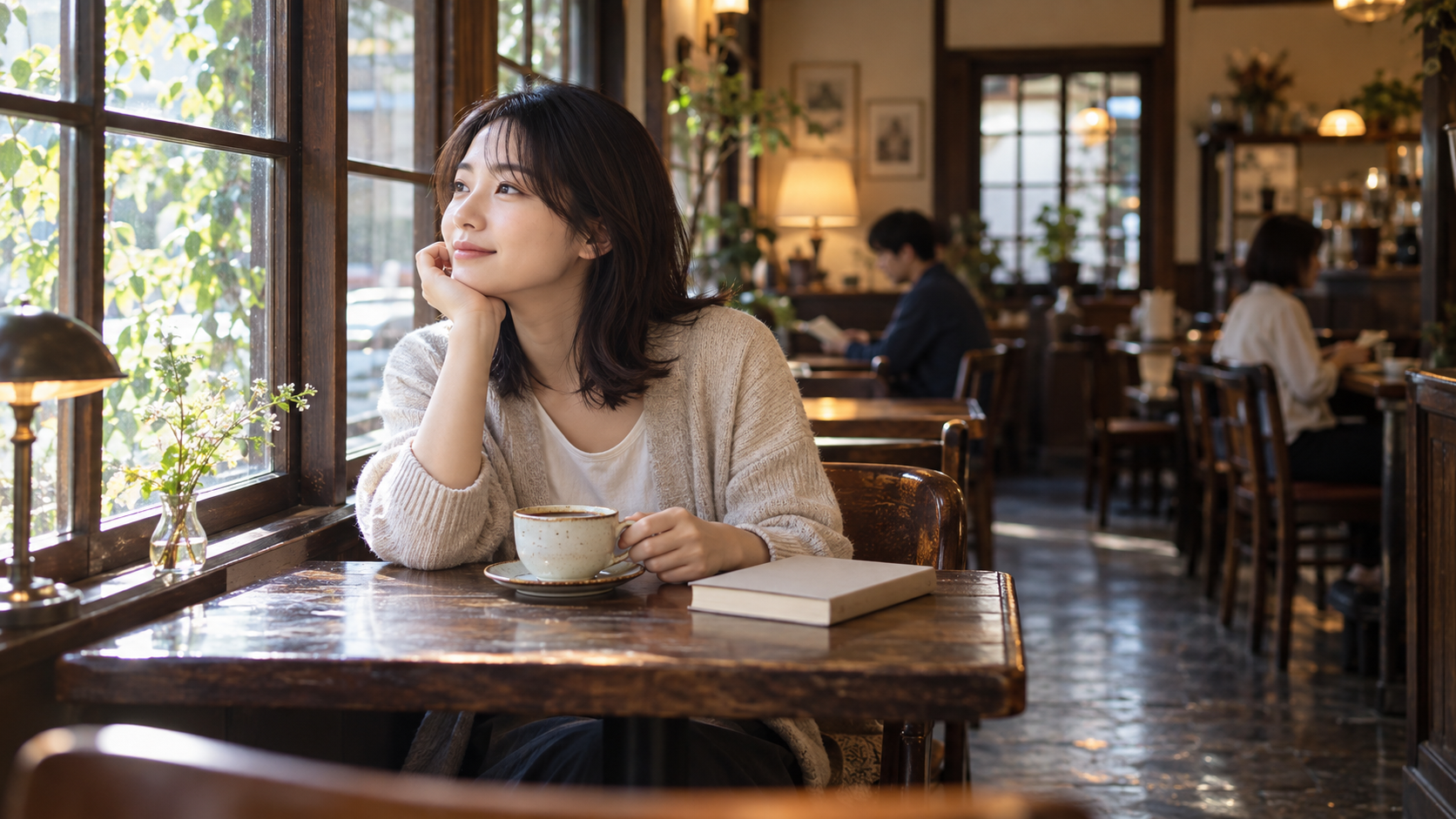 喫茶店の窓際で一人コーヒーを楽しむ女性