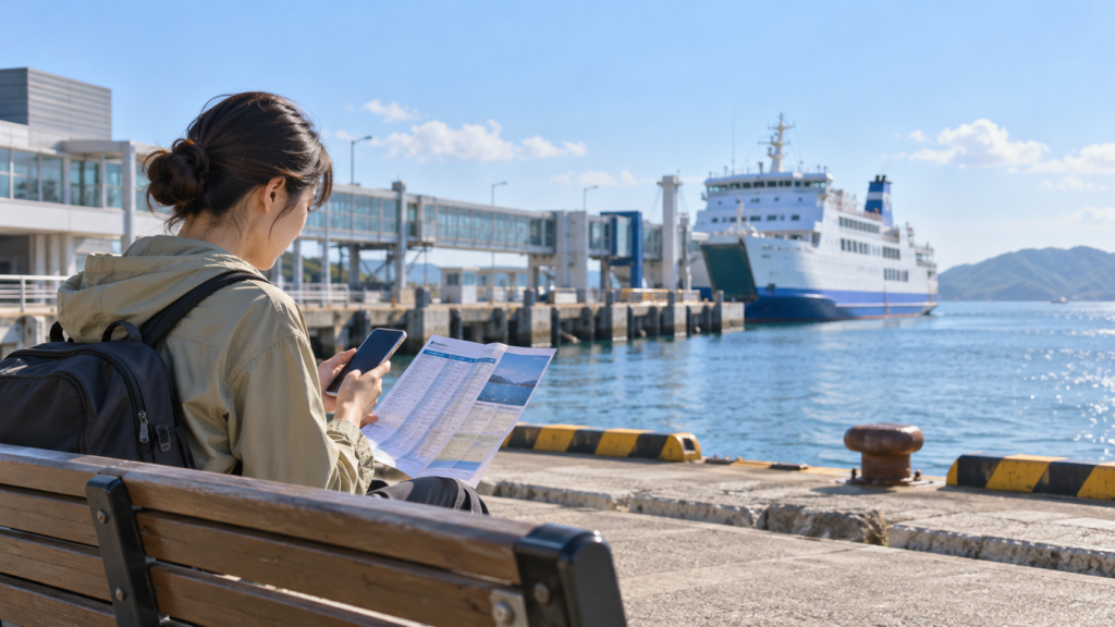 海辺でスマートフォンと案内資料を確認する一人の旅行者