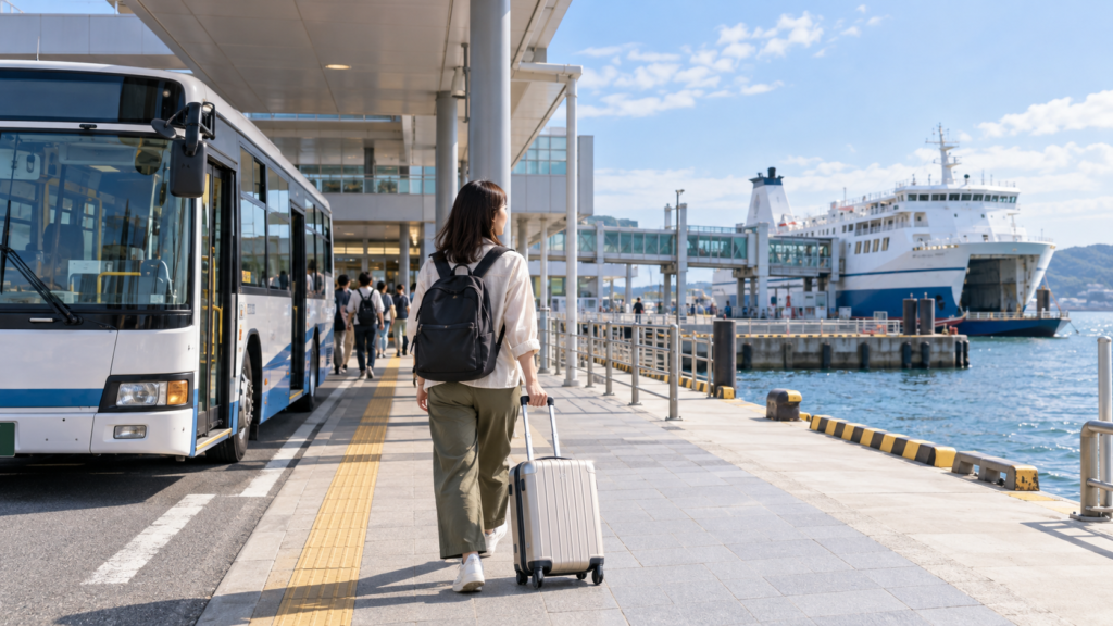 港に停まるバスの近くで荷物を持つ旅行者