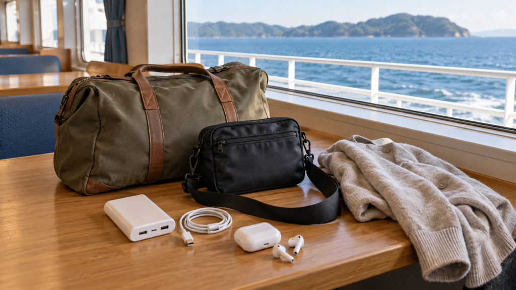 小さなポーチと充電器や羽織りを並べた船旅の荷物