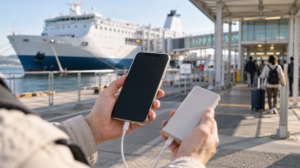 乗船前にスマートフォンと予備電源を確認する手元