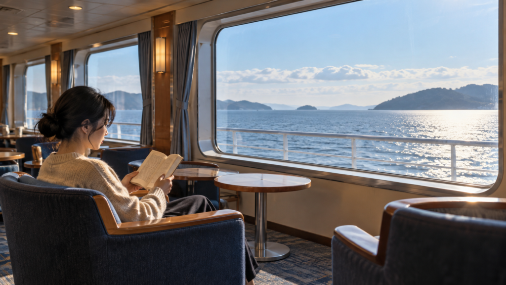 船内ラウンジの窓際で本を読む一人の旅行者