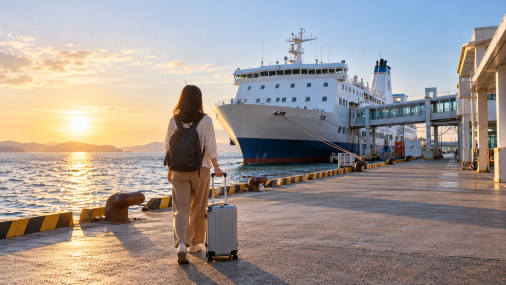 海と汎用フェリーを眺める一人の旅行者の説明用イメージ