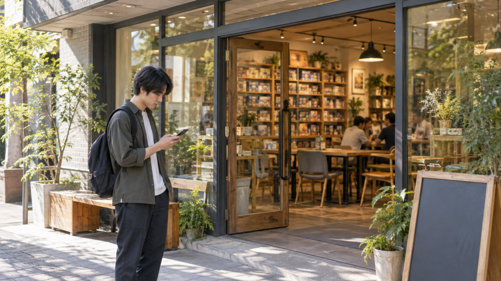 来店前にボードゲームカフェの案内を確認する人