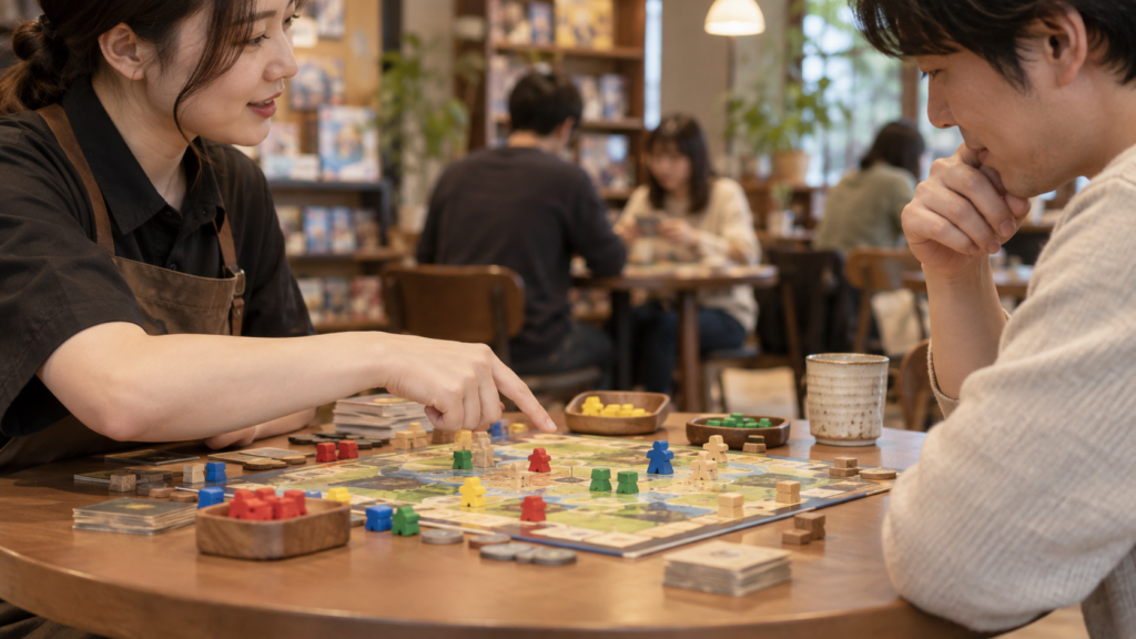 スタッフから木製駒を使ったゲームの説明を受ける初心者
