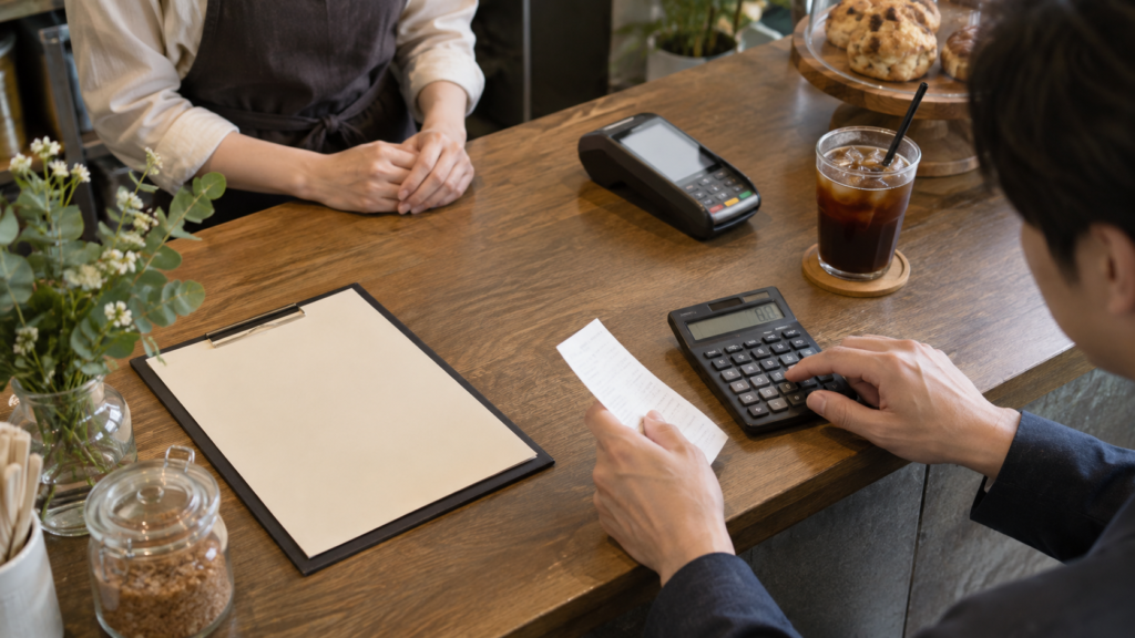 受付で利用料金とドリンク代を確認するための道具