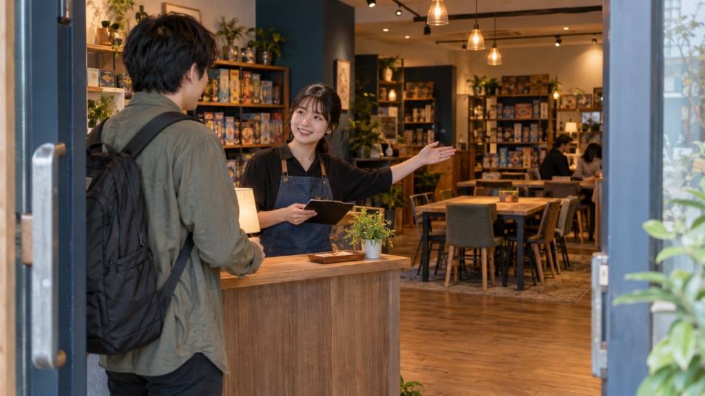 一人で来店し受付でスタッフに希望を伝える人