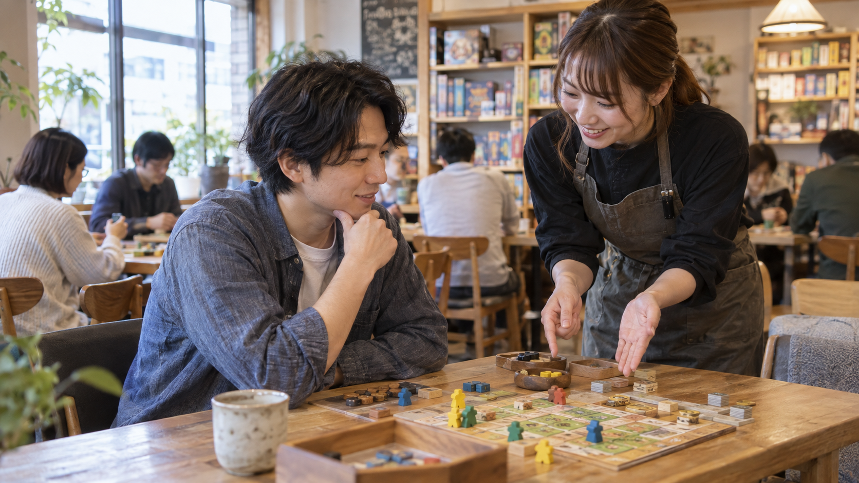 一人でボードゲームカフェを訪れスタッフの案内を受ける人