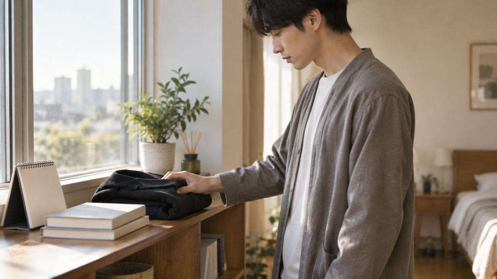 本と上着を確認し返却の予定を考える手元