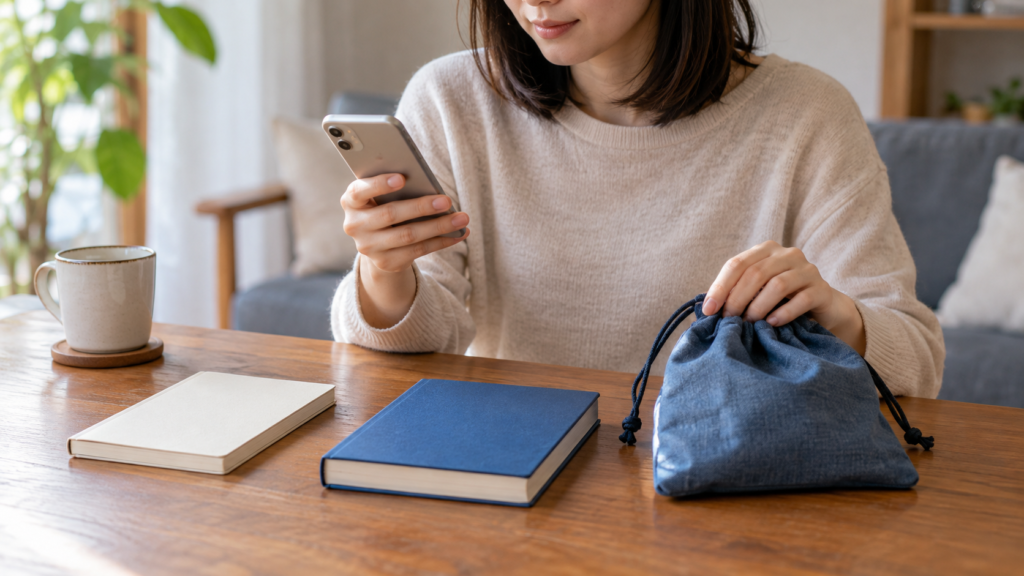返信を確認するスマートフォンと返却品を入れる布袋