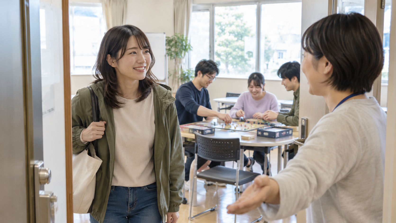 社会人の趣味の集まりに一人で訪れ、主催者に迎えられる女性のイメージ