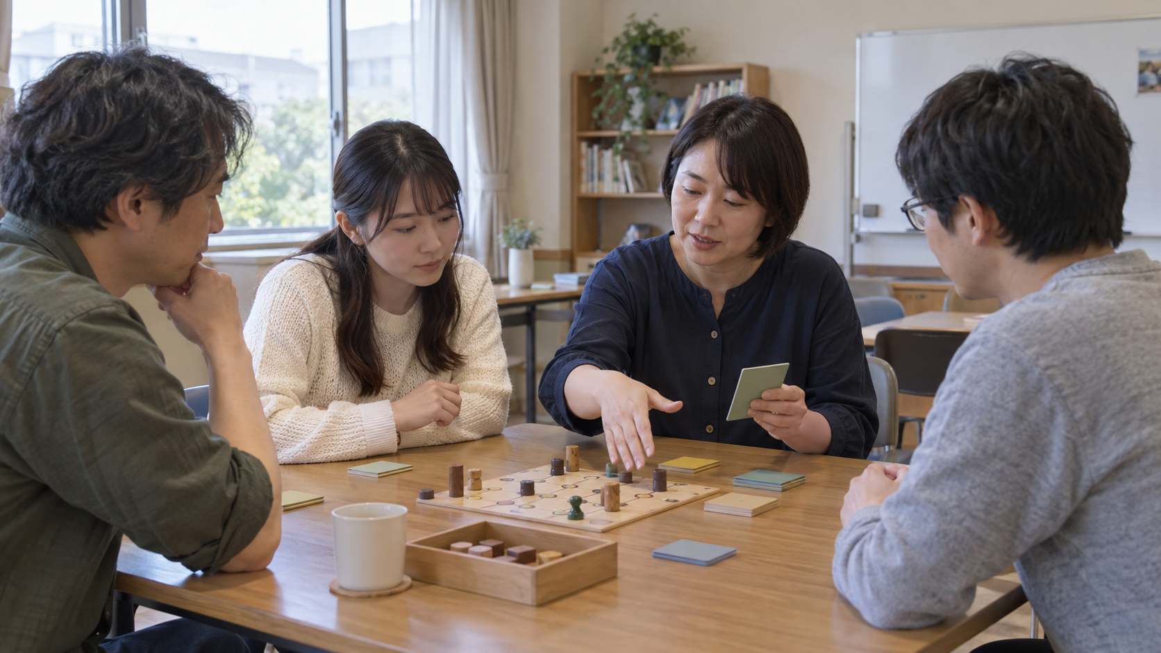主催者の説明を聞きながらボードゲームに参加する社会人のイメージ