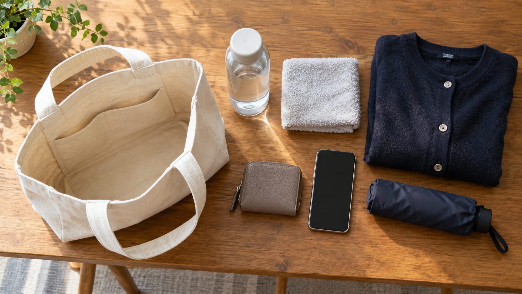 初参加に備えてバッグ、財布、スマホ、飲み物などを用意したイメージ