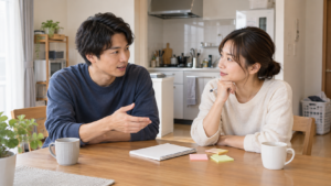 家事の担当を相談しながら二人の暮らしを整えるカップル