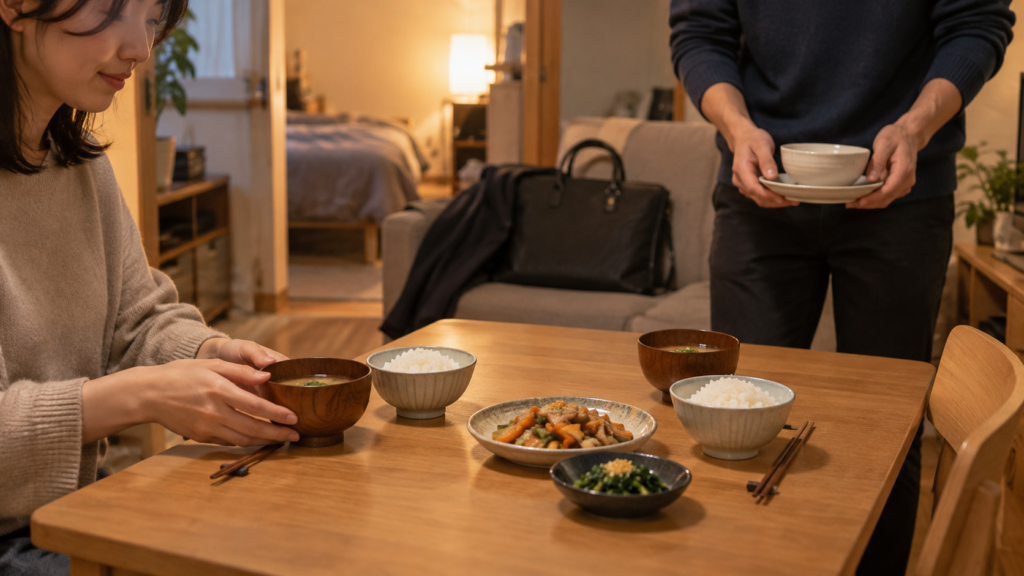 忙しい日の夕食を簡単にし、使う食器を減らした食卓