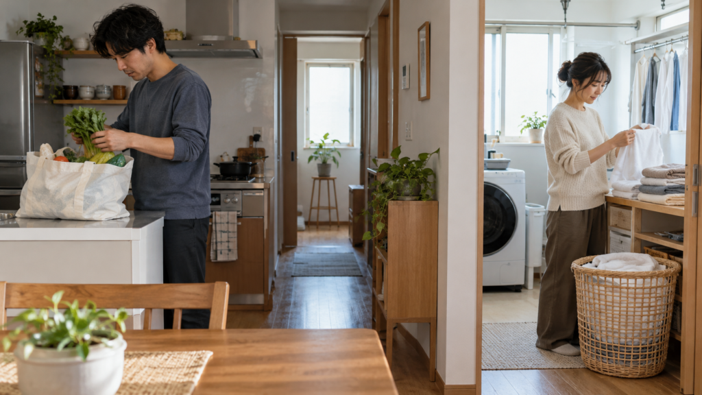 食材の在庫を確認する人と別の場所で洗濯物を片付ける人