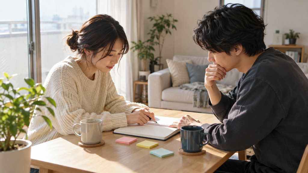 一週間の家事を振り返りノートを見直す二人