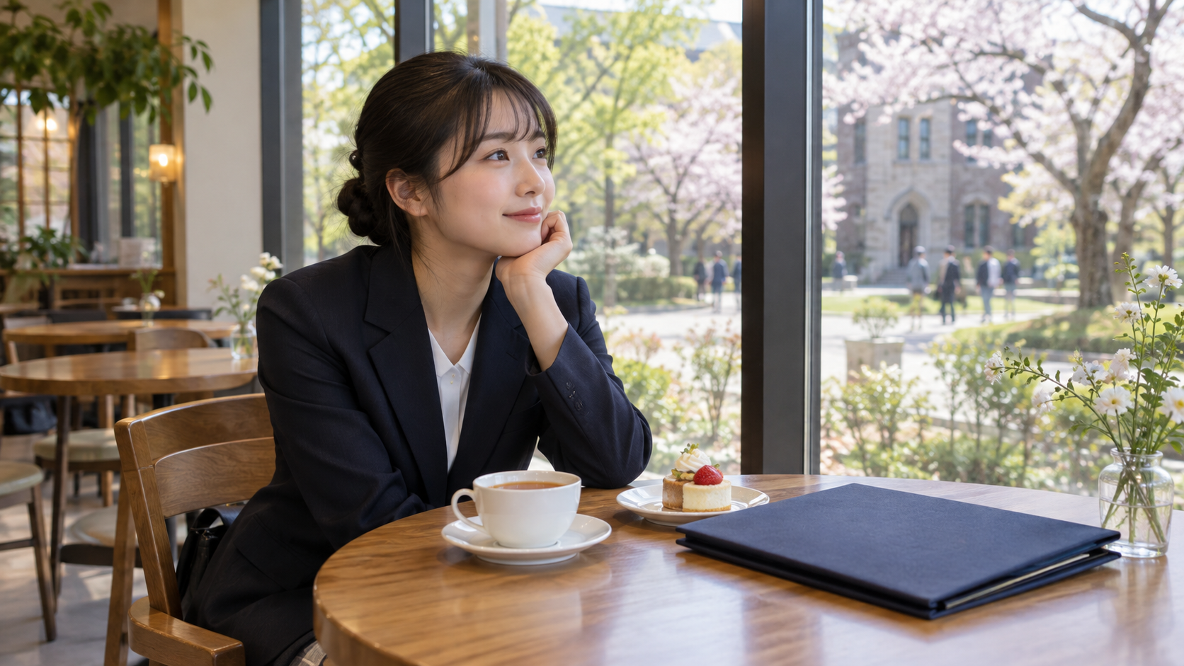 卒業式の後に一人でお茶とケーキを楽しむイメージ