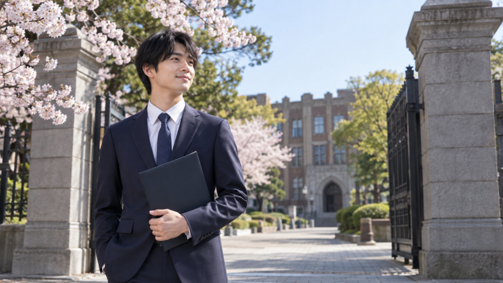 校門前で学位記のケースを持つ卒業生のイメージ