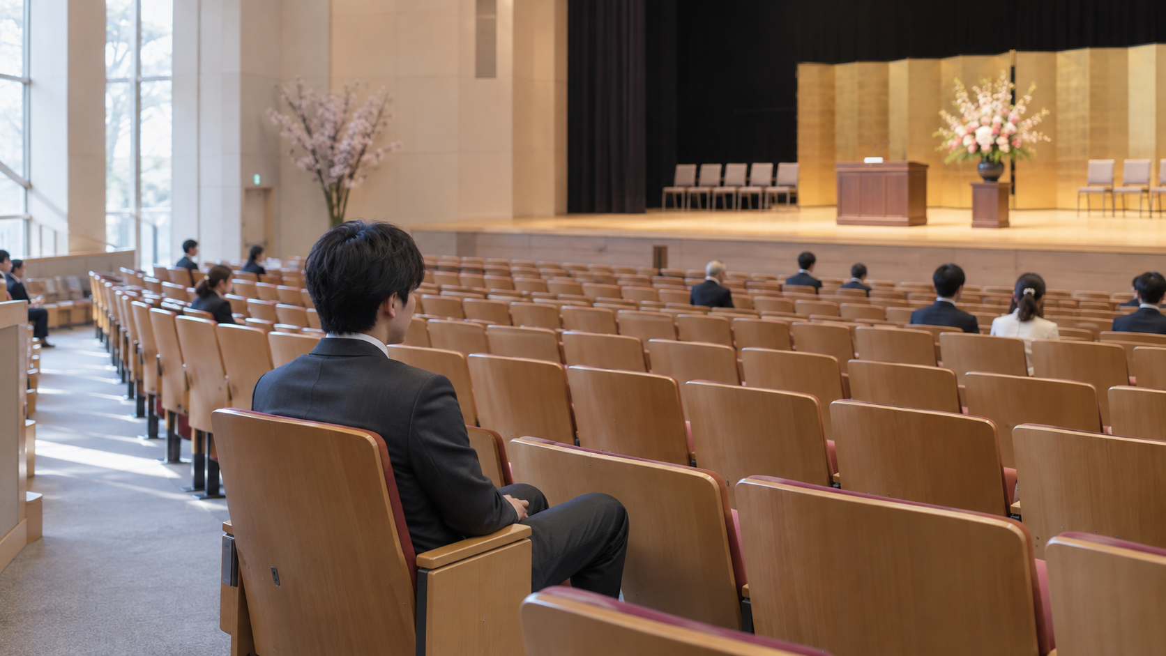 卒業式の会場で一人で着席する学生のイメージ