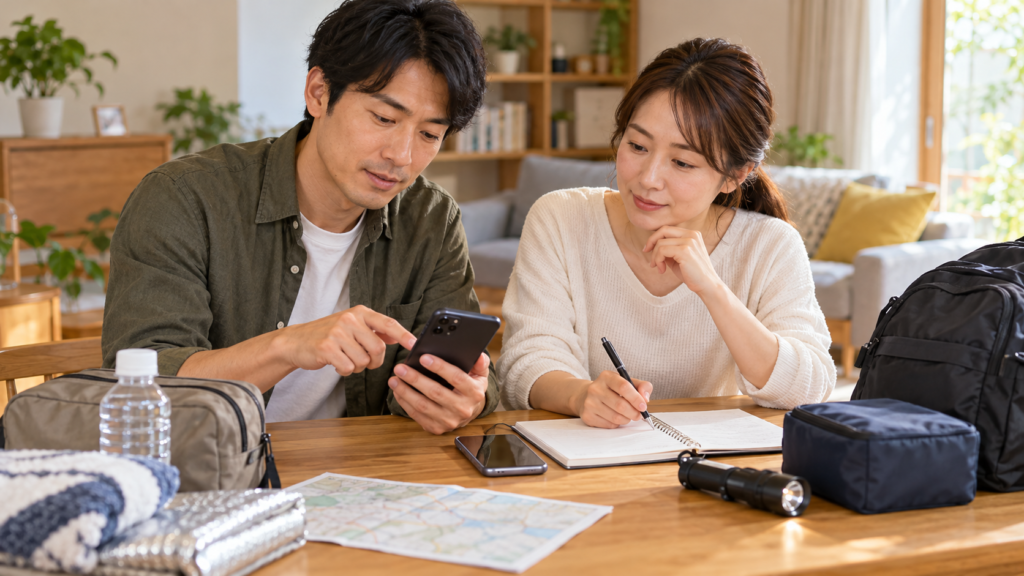 二人で連絡メモと持ち物を確認する平時の防災準備