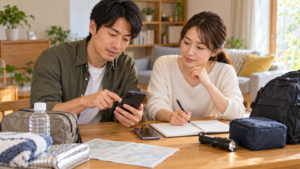 二人で連絡メモと持ち物を確認する平時の防災準備