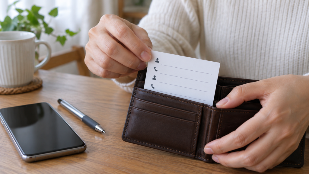 紙の連絡カードを財布に入れる手元