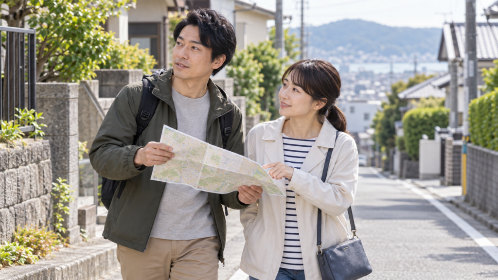 昼間に近所の道と地図を確かめる二人
