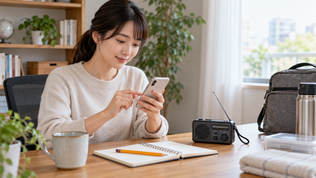 机の上のスマートフォンとラジオとメモ