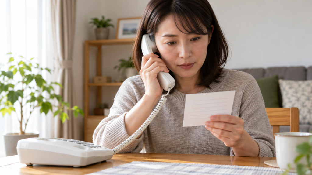 電話の音声案内を聞きながら連絡メモを見る人
