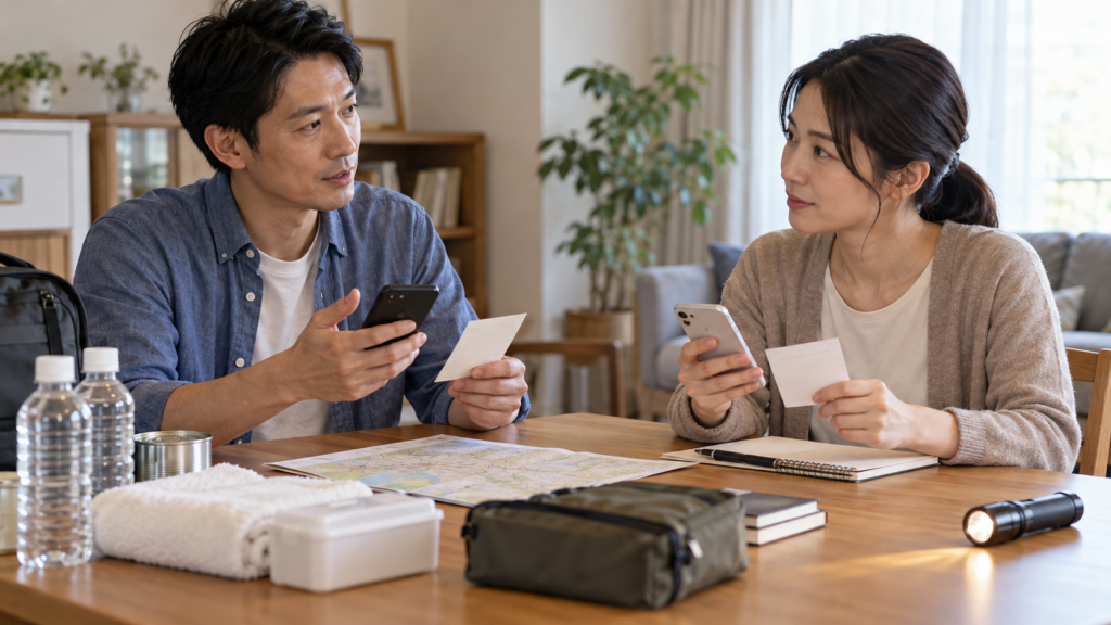 それぞれの端末と紙のメモで連絡方法を確かめる二人