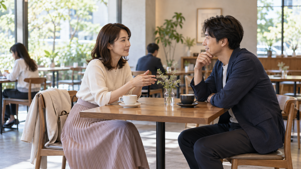 カフェのテーブルで会話する二人