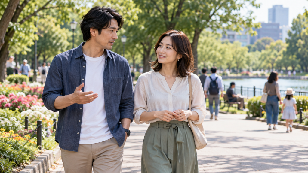 人のいる公園を歩きながら話す二人