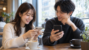 自分のスマートフォンを持ち位置情報の使い方を相談する二人