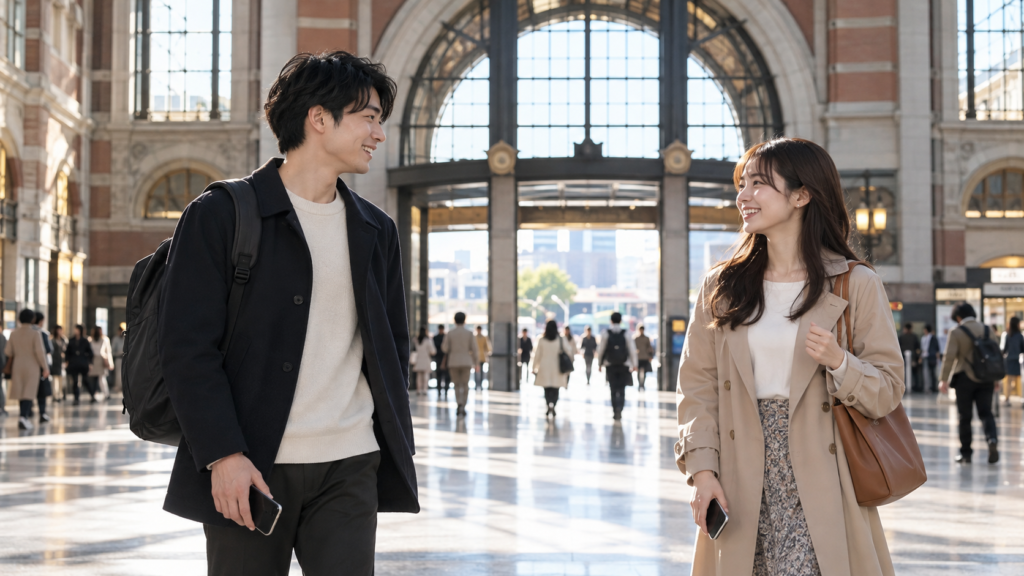 駅の目印を使って合流する二人