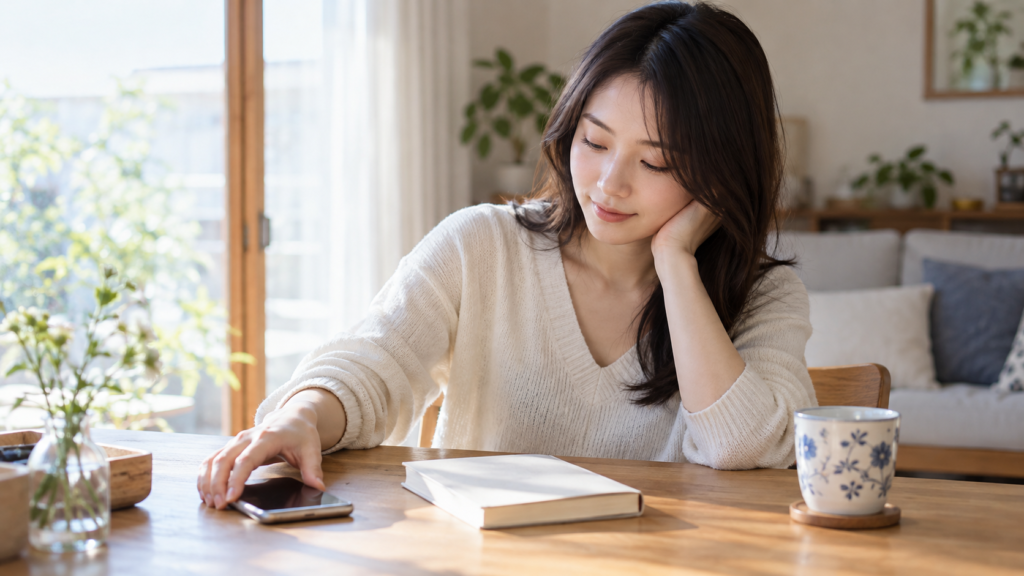 本とカップのそばでスマートフォンを脇に置く女性
