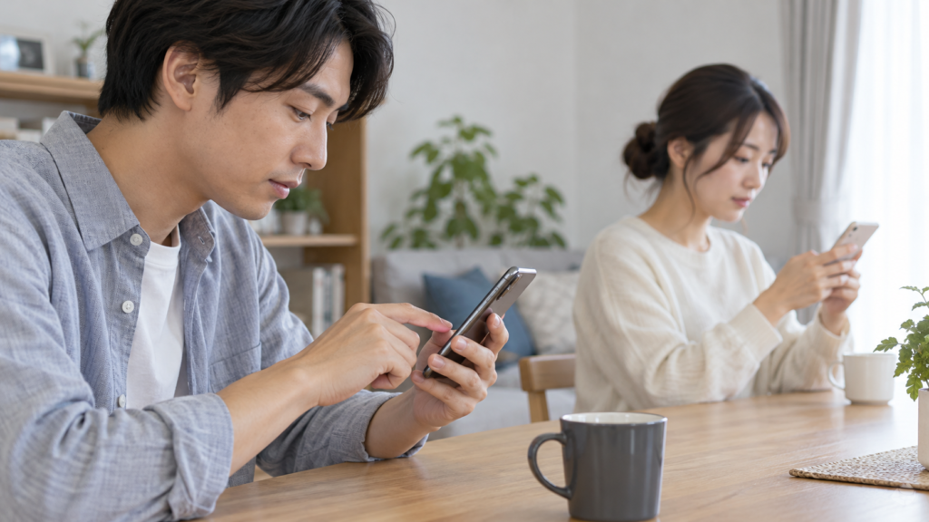 それぞれの端末で設定を確認する二人
