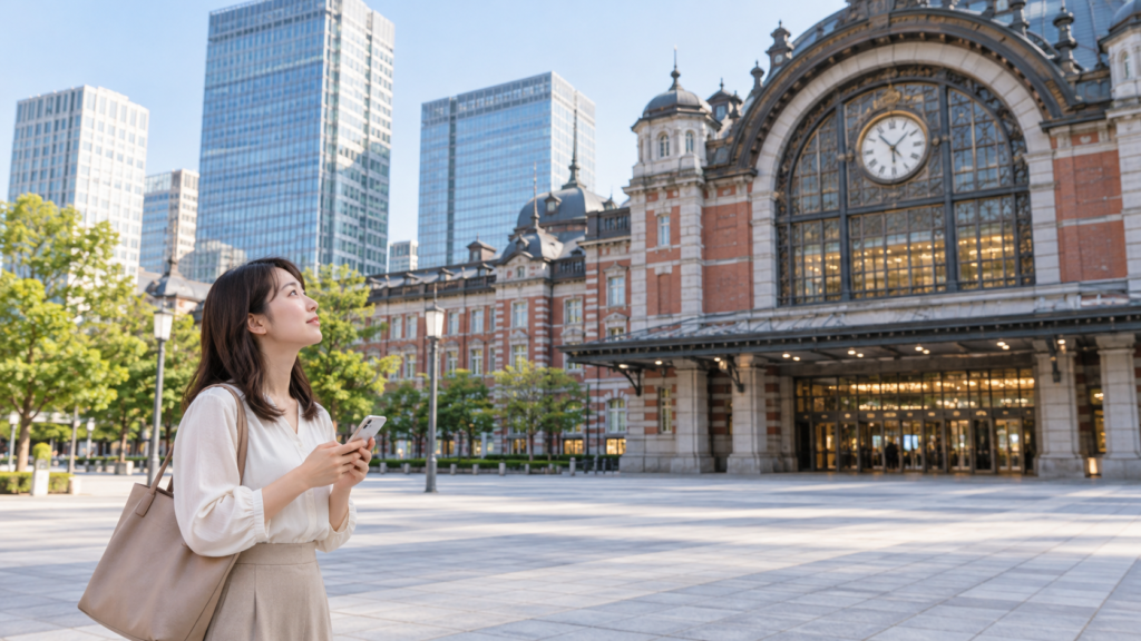 駅前の時計と入口を見て待ち合わせ場所を確かめる人