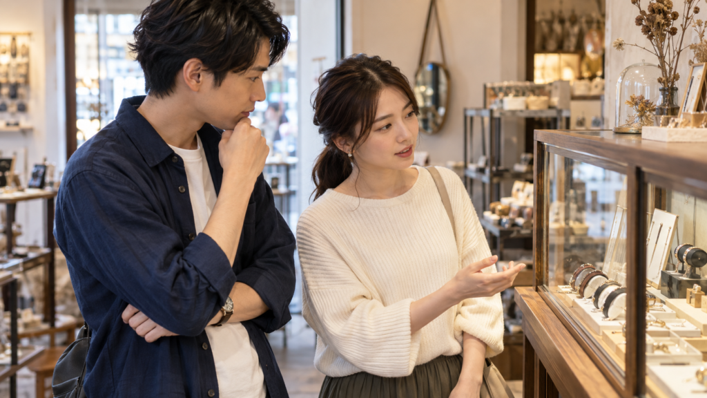 購入前にアクセサリー売り場で相談するカップルのイメージ