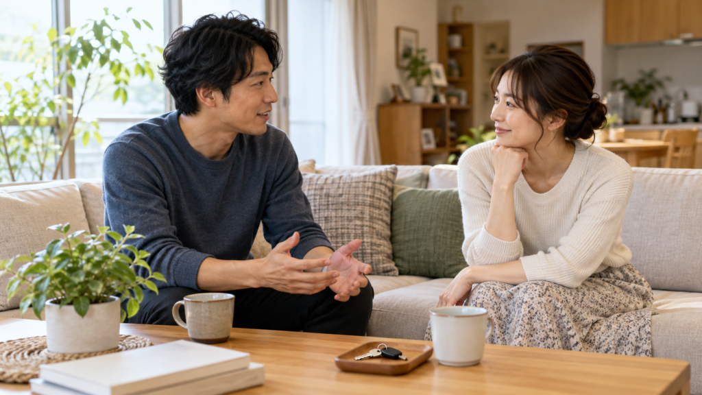 部屋のテーブルを挟んで鍵を預けるか話し合う二人