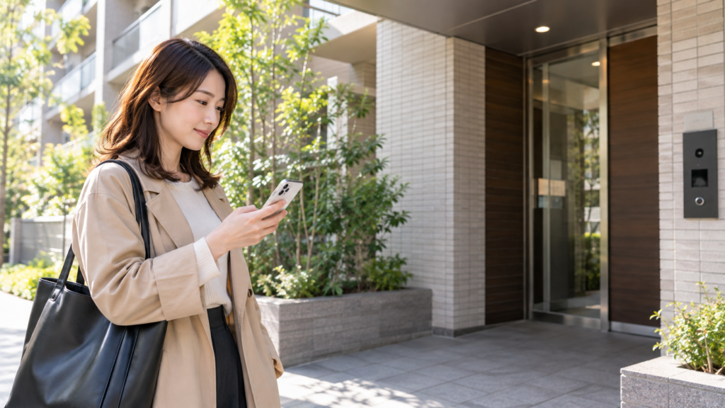 集合住宅の近くで到着時間を連絡して待つ人