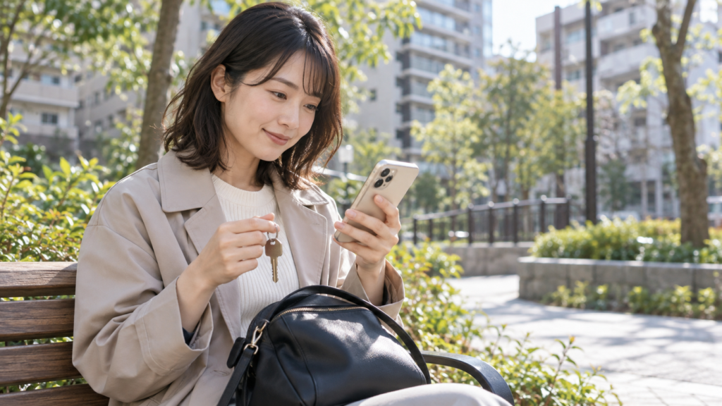 訪問前に公園でスマートフォンの連絡を確認する人