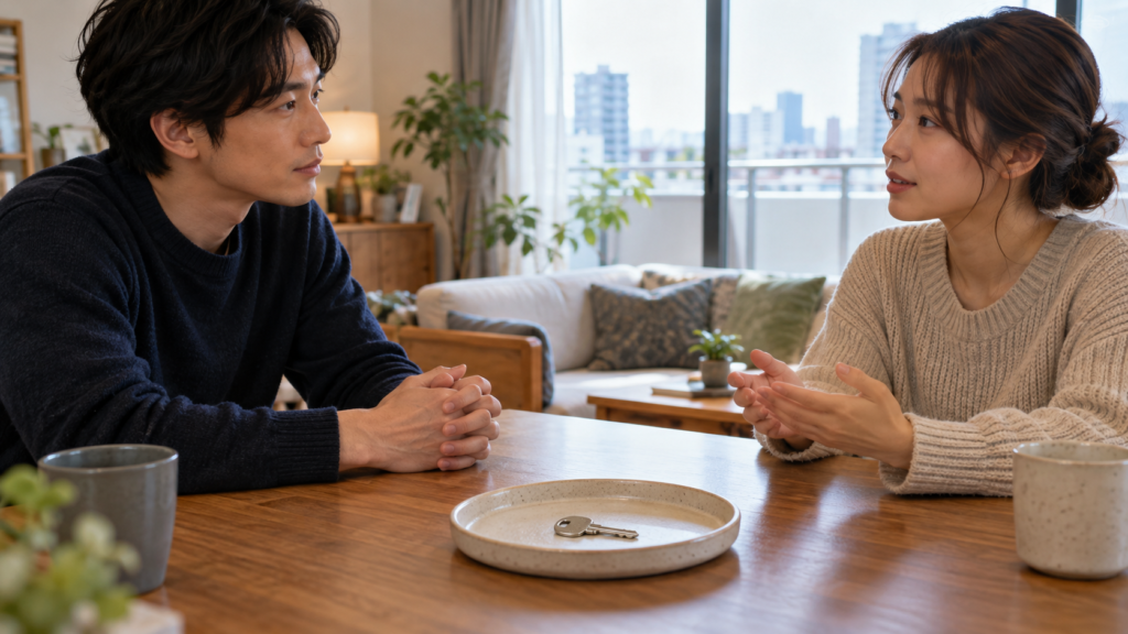 返却する鍵をトレーに置き使用の終わりを相談する二人