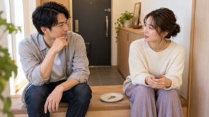 玄関のベンチで合鍵について落ち着いて相談する二人